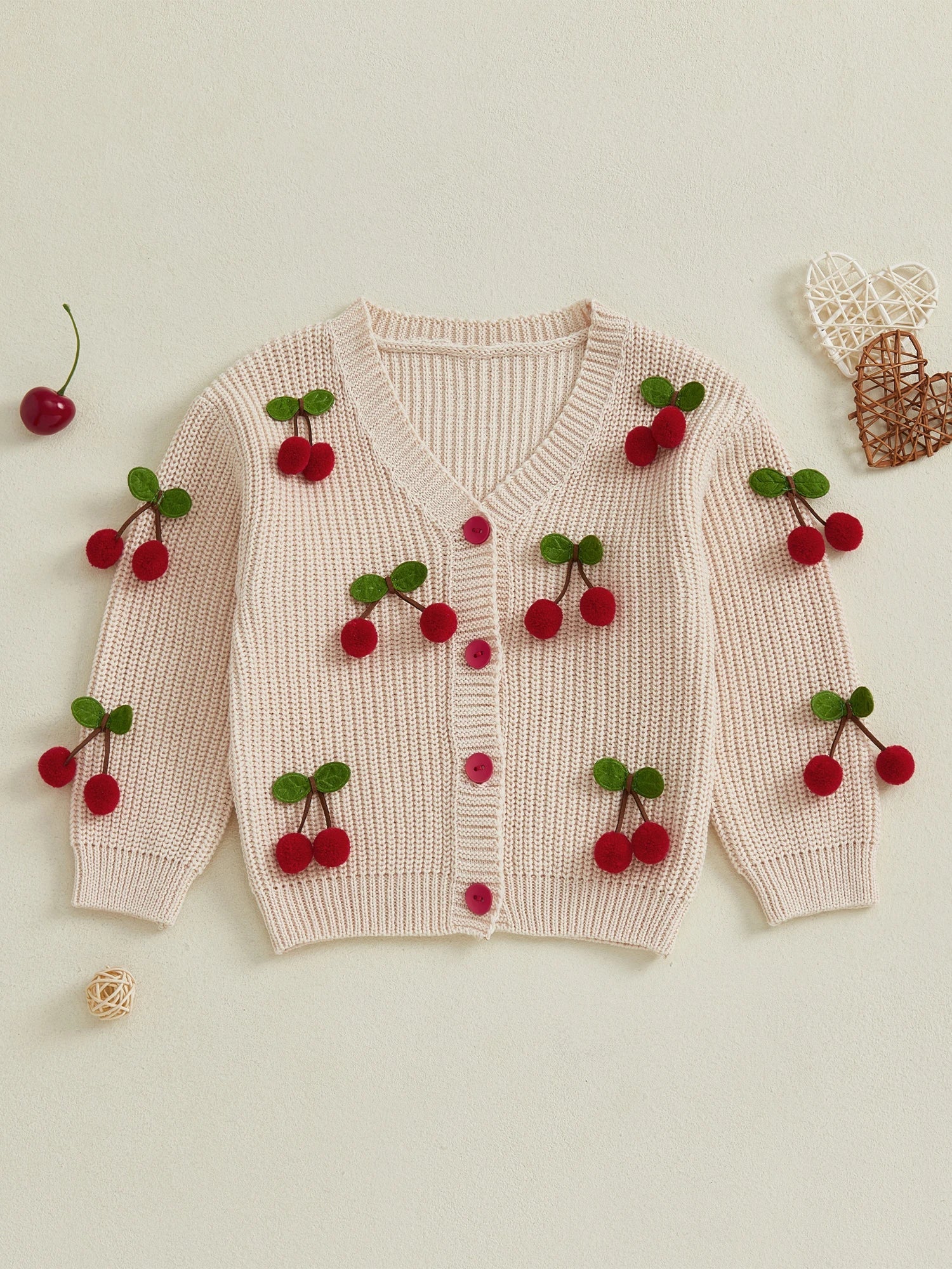 Toddler Girls Cardigan Sweater Cherry Decor V - Neck Button - Down Long Sleeve Knitted Tops Crochet Jacket Autumn Winter Outerwear - PratSN