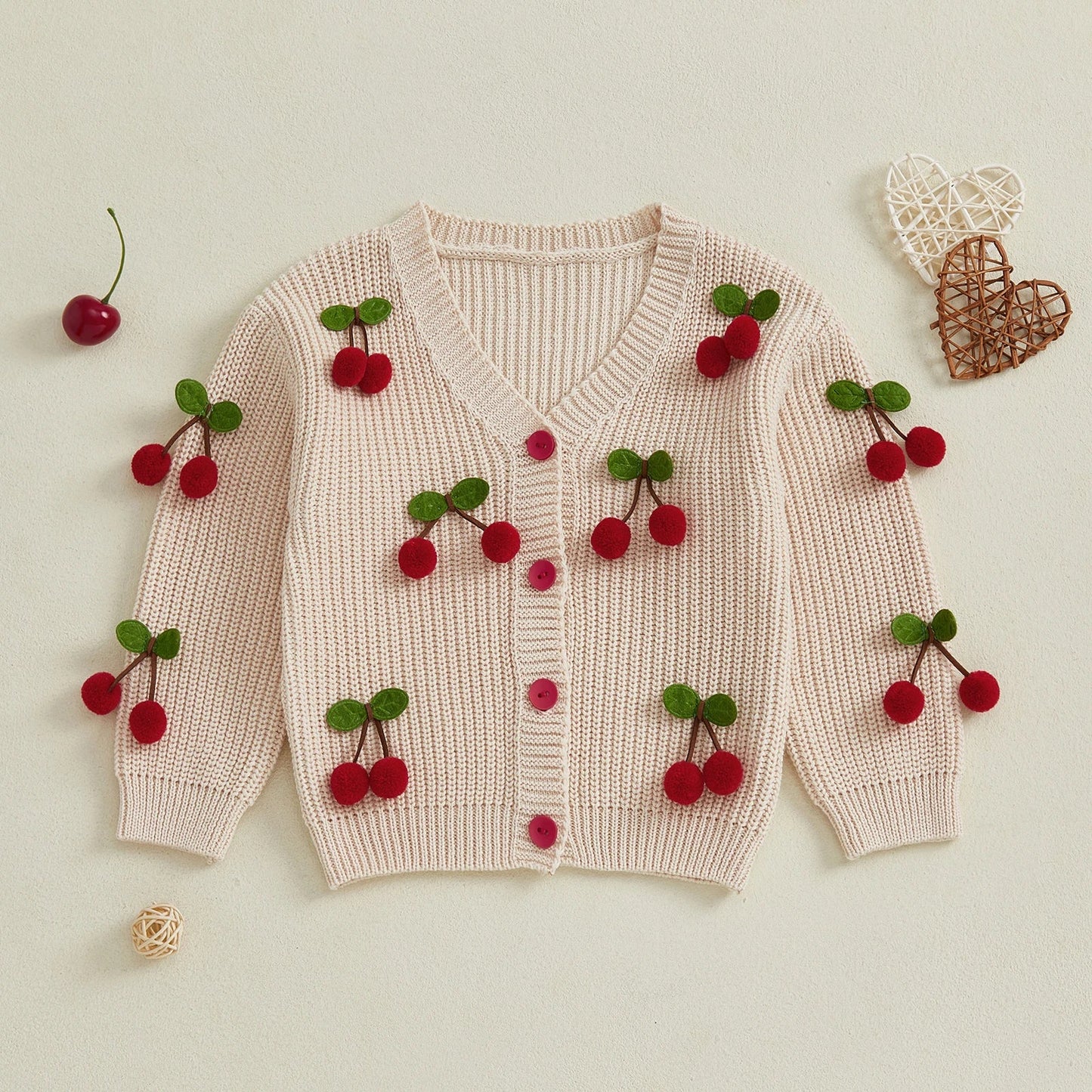 Toddler Girls Cardigan Sweater Cherry Decor V - Neck Button - Down Long Sleeve Knitted Tops Crochet Jacket Autumn Winter Outerwear - PratSN