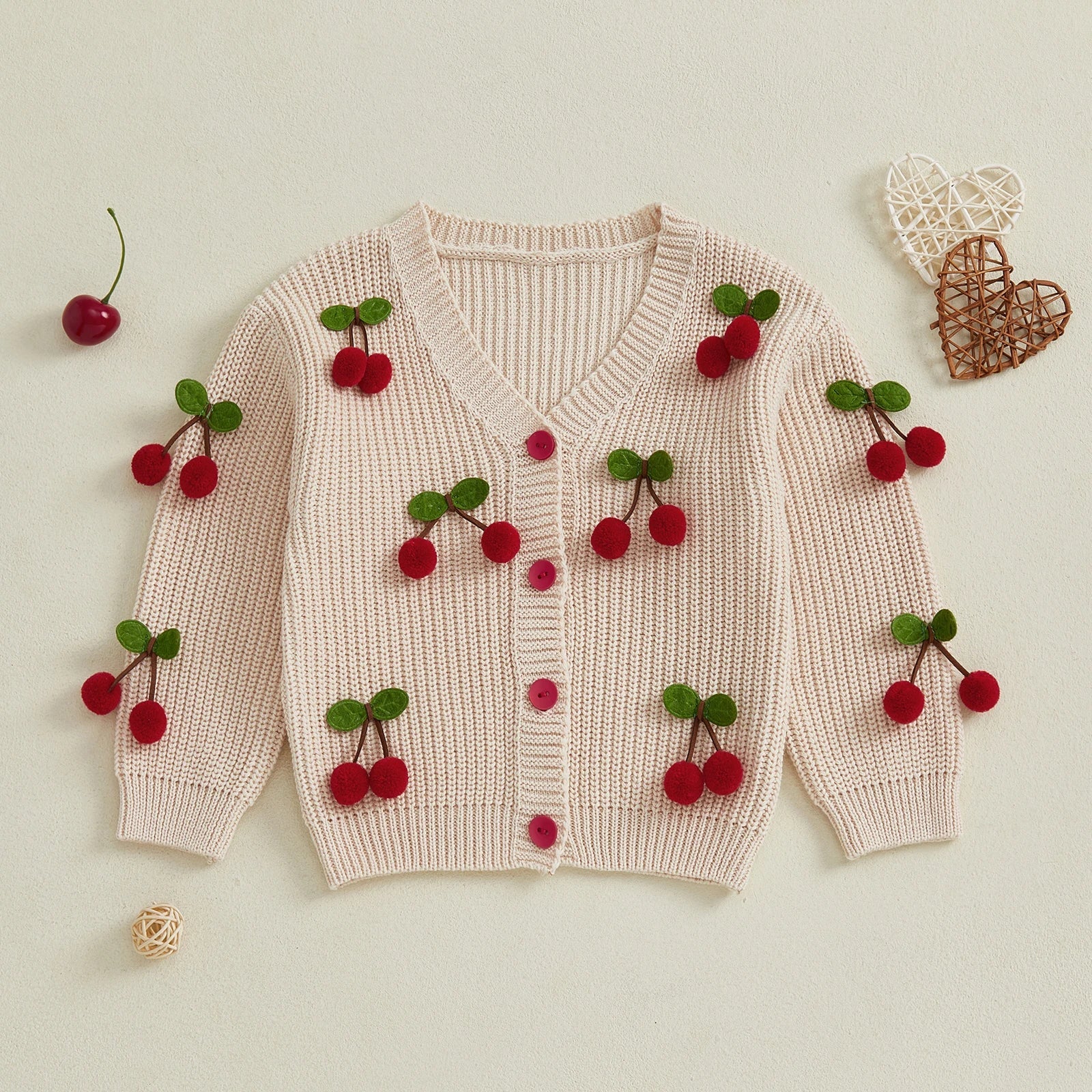 Toddler Girls Cardigan Sweater Cherry Decor V - Neck Button - Down Long Sleeve Knitted Tops Crochet Jacket Autumn Winter Outerwear - PratSN