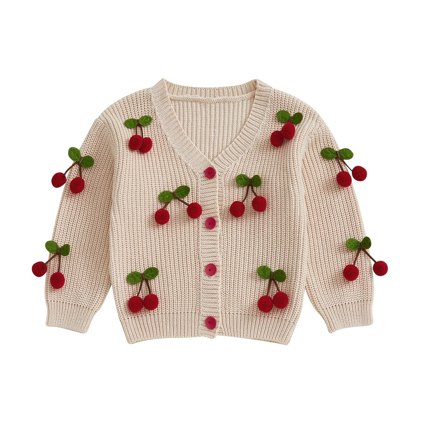 Toddler Girls Cardigan Sweater Cherry Decor V - Neck Button - Down Long Sleeve Knitted Tops Crochet Jacket Autumn Winter Outerwear - PratSN