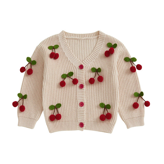 Toddler Girls Cardigan Sweater Cherry Decor V - Neck Button - Down Long Sleeve Knitted Tops Crochet Jacket Autumn Winter Outerwear - PratSN