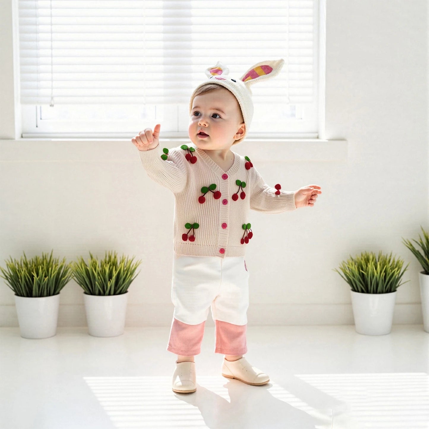 Toddler Girls Cardigan Sweater Cherry Decor V - Neck Button - Down Long Sleeve Knitted Tops Crochet Jacket Autumn Winter Outerwear - PratSN