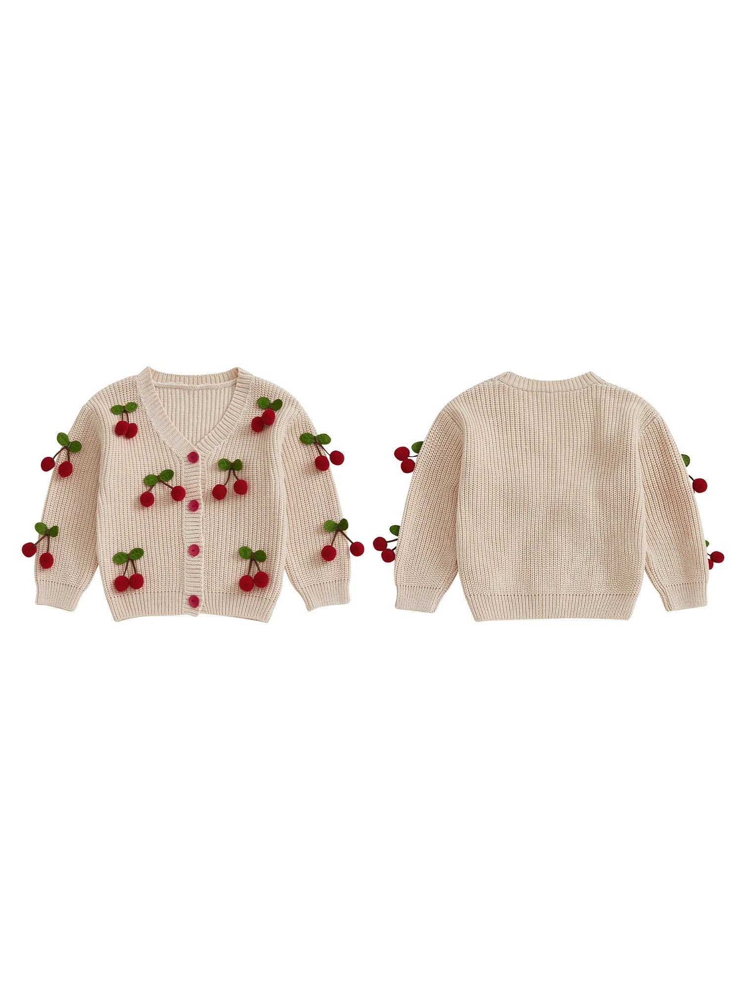 Toddler Girls Cardigan Sweater Cherry Decor V - Neck Button - Down Long Sleeve Knitted Tops Crochet Jacket Autumn Winter Outerwear - PratSN