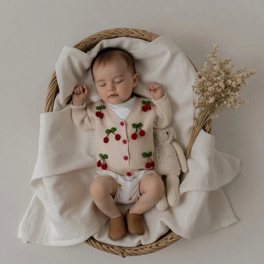 Toddler Girls Cardigan Sweater Cherry Decor V - Neck Button - Down Long Sleeve Knitted Tops Crochet Jacket Autumn Winter Outerwear - PratSN