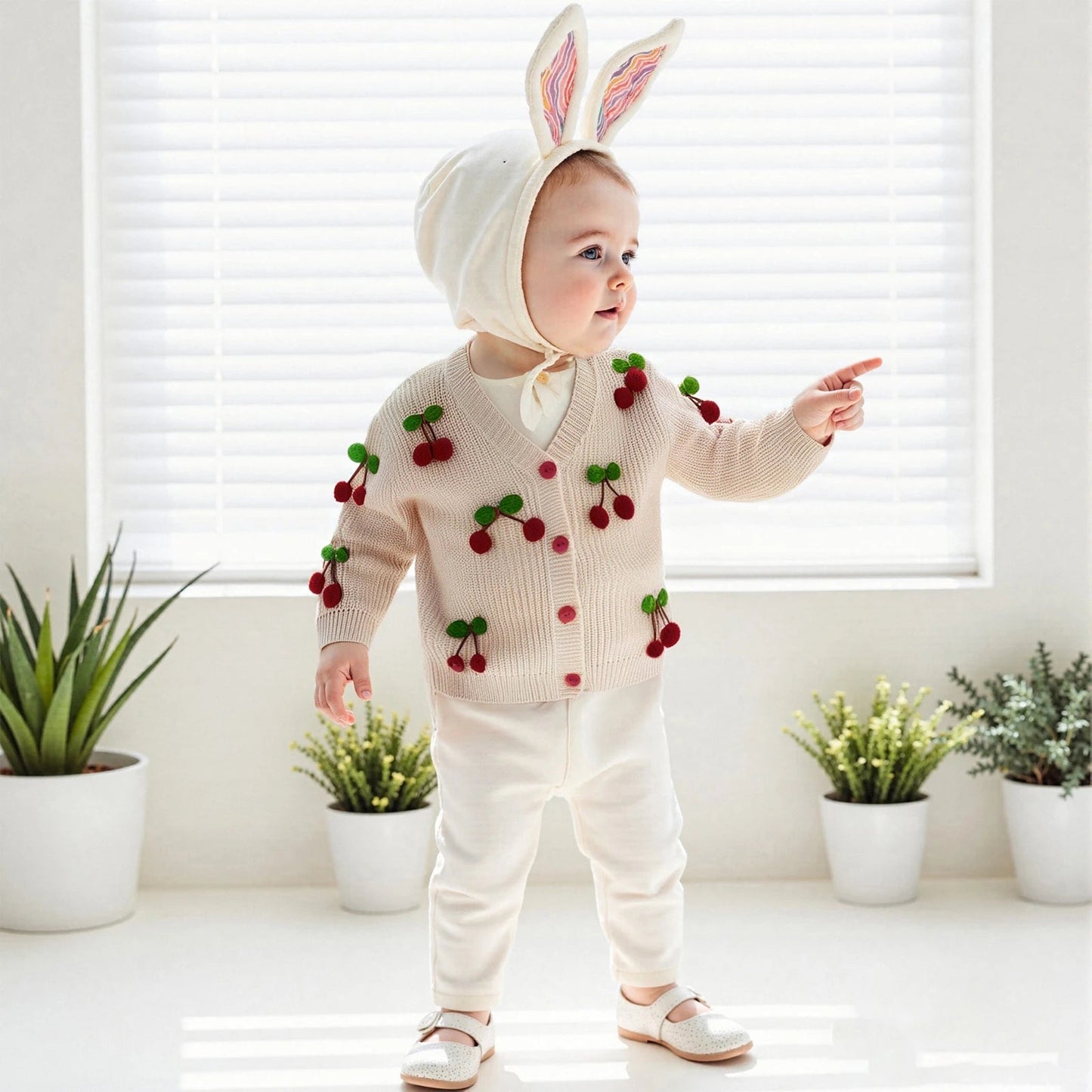 Toddler Girls Cardigan Sweater Cherry Decor V - Neck Button - Down Long Sleeve Knitted Tops Crochet Jacket Autumn Winter Outerwear - PratSN