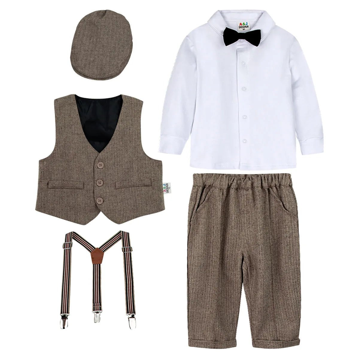 Toddler Suits Baby Boys Wedding Ring Bearer Outfit Gentleman Formal Dress Clothes Set with Hat Brown 18 Months to 4 Years - PratSN