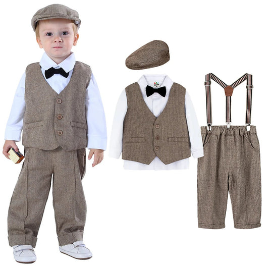 Toddler Suits Baby Boys Wedding Ring Bearer Outfit Gentleman Formal Dress Clothes Set with Hat Brown 18 Months to 4 Years - PratSN
