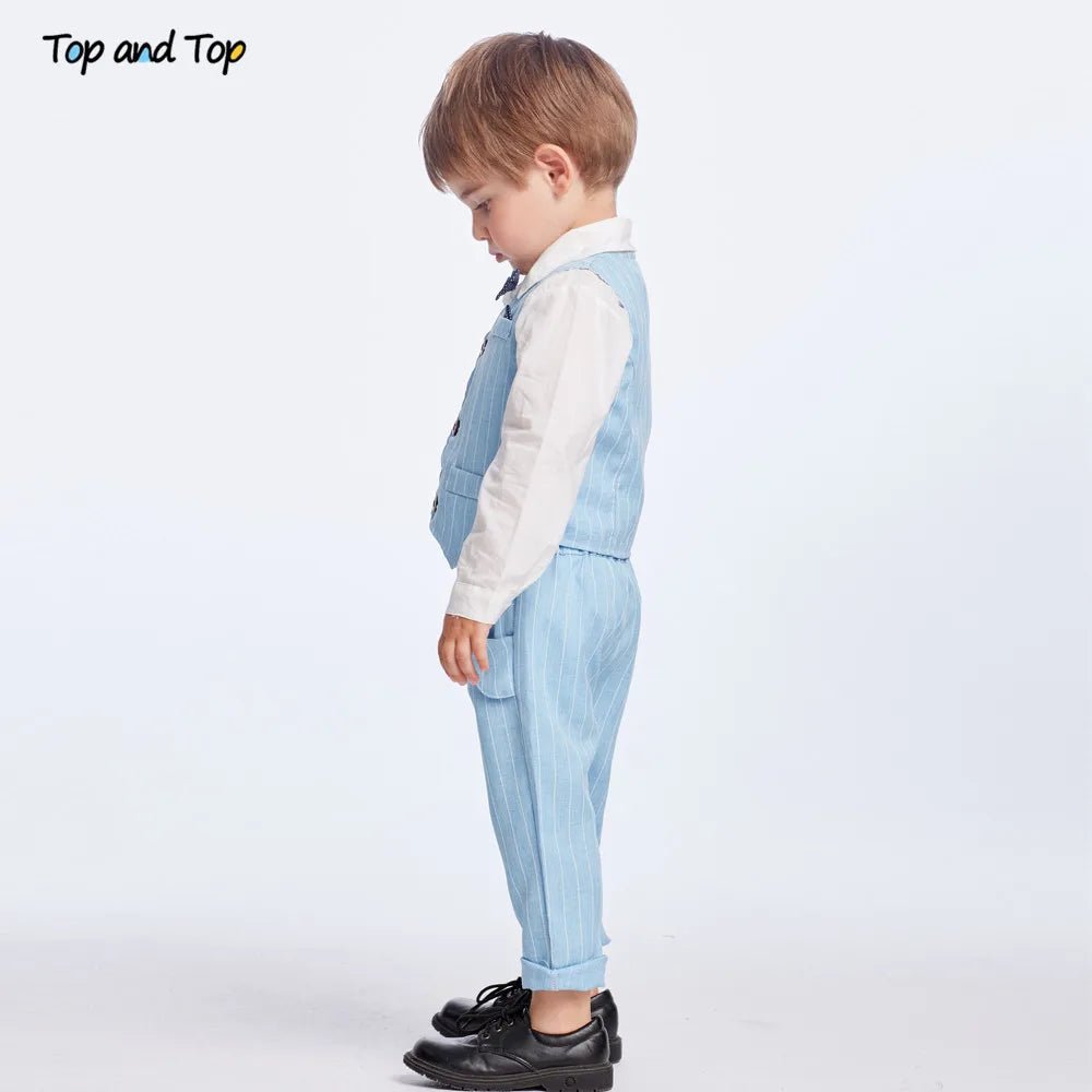 Top and Top Spring&Autumn Baby Boy Gentleman Suit White Shirt with Bow Tie+Striped Vest+Trousers 3Pcs Formal Kids Clothes Set - PratSN
