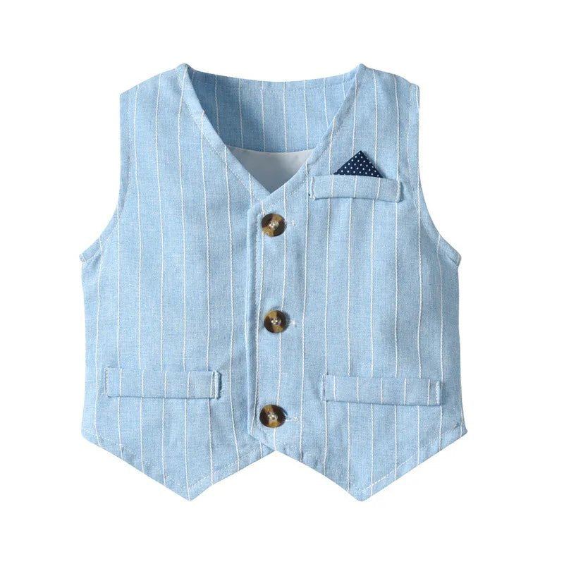 Top and Top Spring&Autumn Baby Boy Gentleman Suit White Shirt with Bow Tie+Striped Vest+Trousers 3Pcs Formal Kids Clothes Set - PratSN