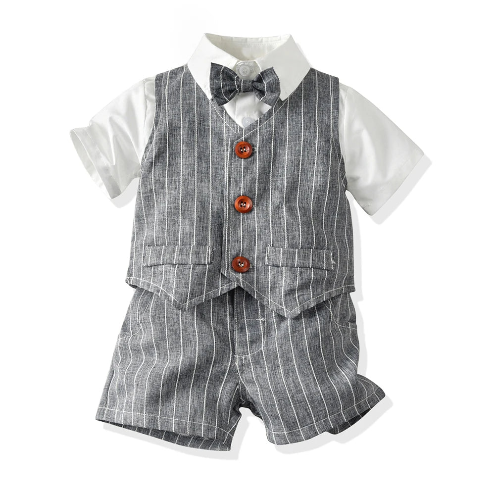 Top and Top Spring&Autumn Baby Boy Gentleman Suit White Shirt with Bow Tie+Striped Vest+Trousers 3Pcs Formal Kids Clothes Set - PratSN