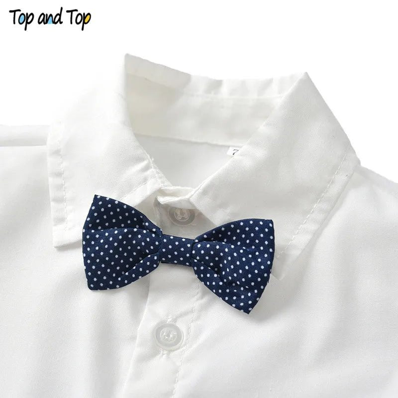 Top and Top Spring&Autumn Baby Boy Gentleman Suit White Shirt with Bow Tie+Striped Vest+Trousers 3Pcs Formal Kids Clothes Set - PratSN