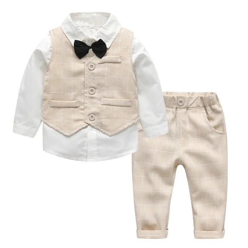 Top and Top Spring&Autumn Baby Boy Gentleman Suit White Shirt with Bow Tie+Striped Vest+Trousers 3Pcs Formal Kids Clothes Set - PratSN