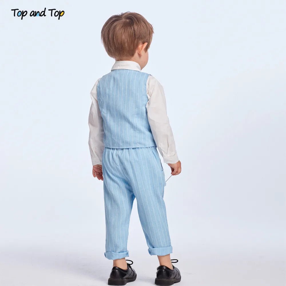 Top and Top Spring&Autumn Baby Boy Gentleman Suit White Shirt with Bow Tie+Striped Vest+Trousers 3Pcs Formal Kids Clothes Set - PratSN