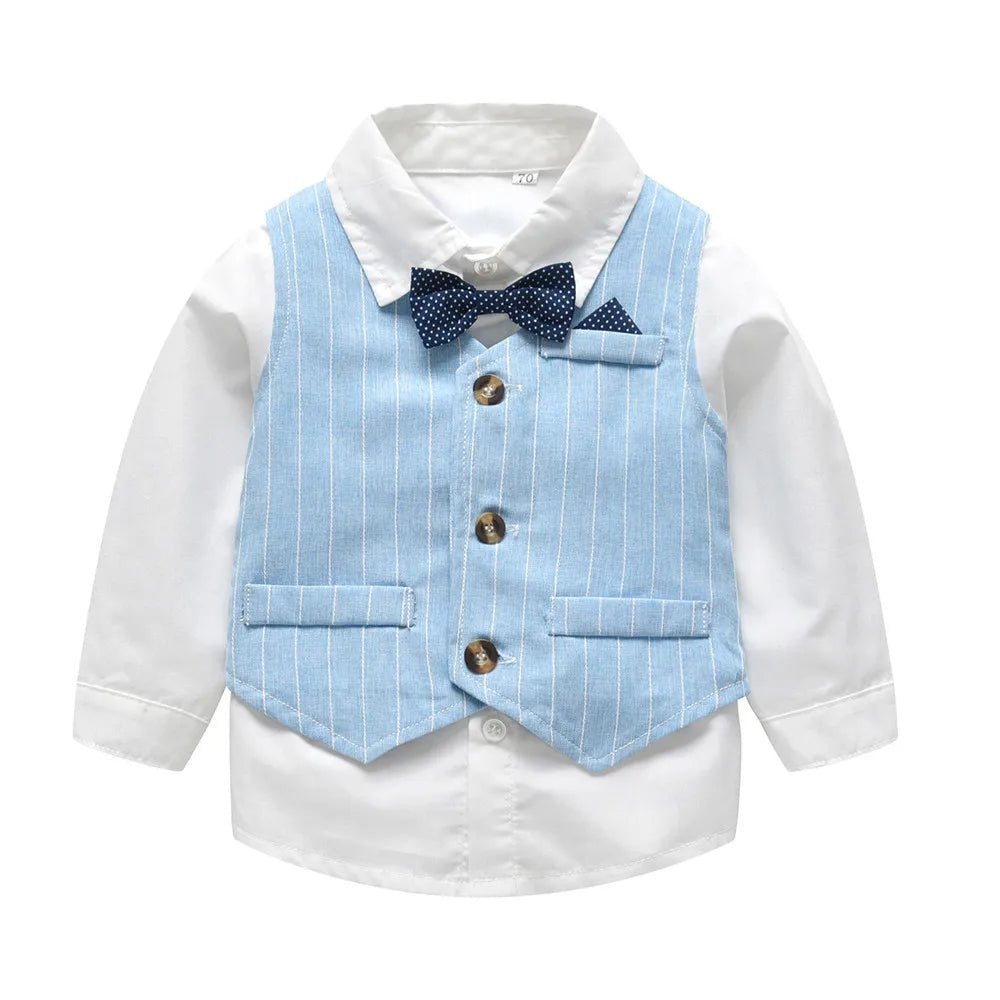 Top and Top Spring&Autumn Baby Boy Gentleman Suit White Shirt with Bow Tie+Striped Vest+Trousers 3Pcs Formal Kids Clothes Set - PratSN