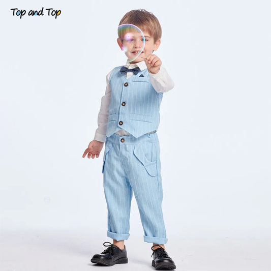 Top and Top Spring&Autumn Baby Boy Gentleman Suit White Shirt with Bow Tie+Striped Vest+Trousers 3Pcs Formal Kids Clothes Set - PratSN