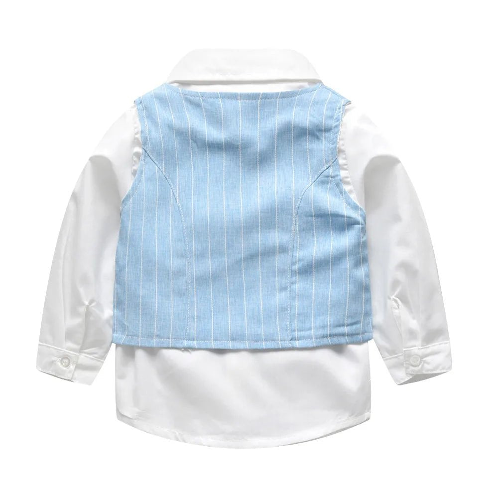 Top and Top Spring&Autumn Baby Boy Gentleman Suit White Shirt with Bow Tie+Striped Vest+Trousers 3Pcs Formal Kids Clothes Set - PratSN