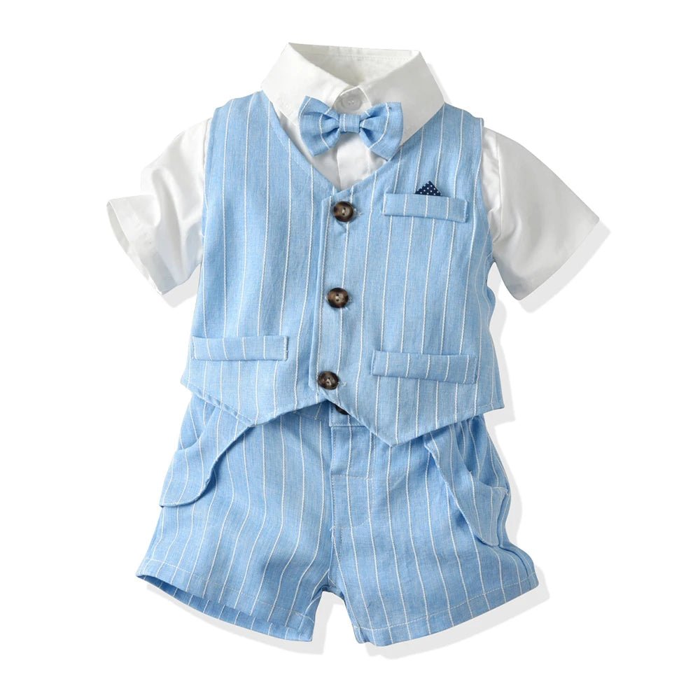 Top and Top Spring&Autumn Baby Boy Gentleman Suit White Shirt with Bow Tie+Striped Vest+Trousers 3Pcs Formal Kids Clothes Set - PratSN