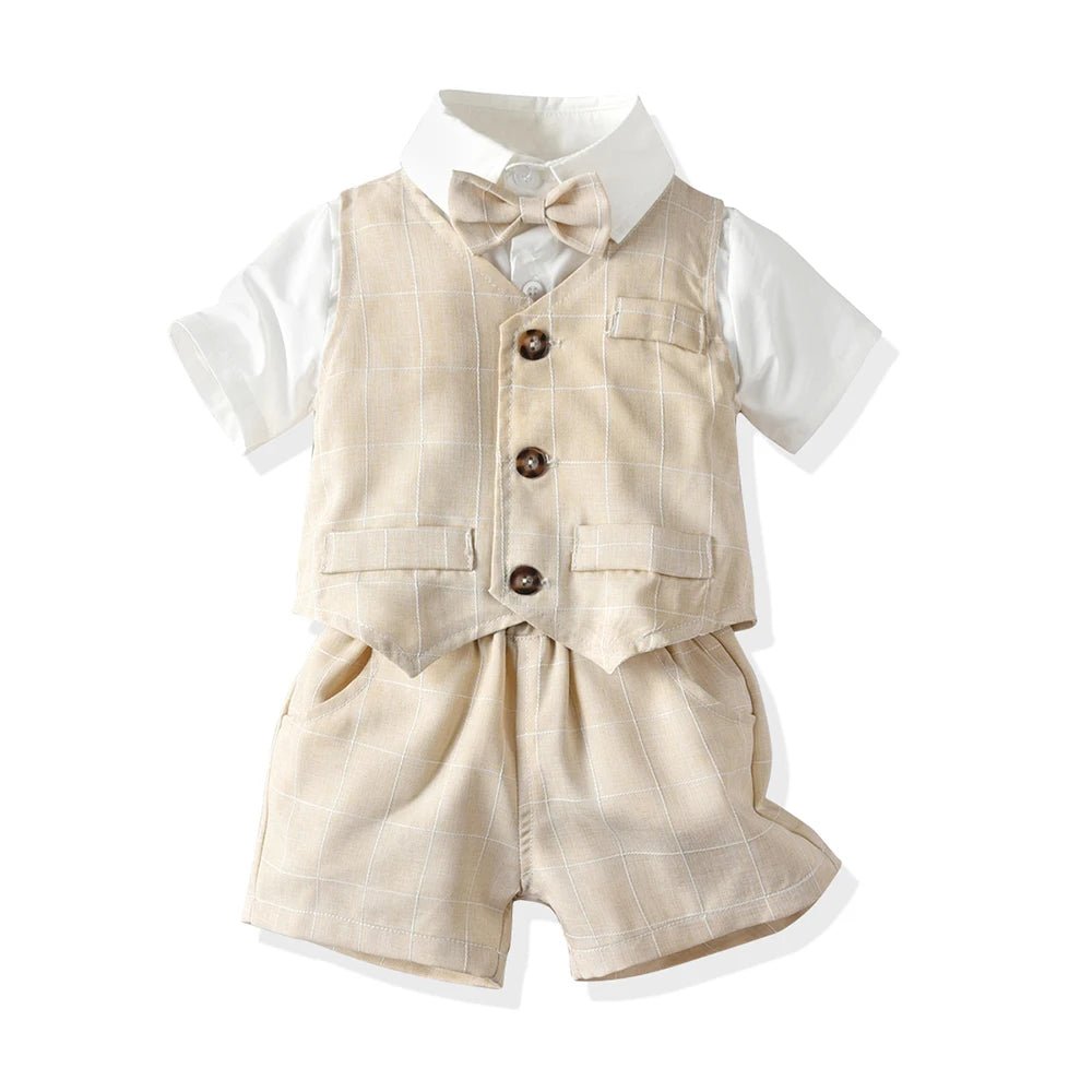 Top and Top Spring&Autumn Baby Boy Gentleman Suit White Shirt with Bow Tie+Striped Vest+Trousers 3Pcs Formal Kids Clothes Set - PratSN