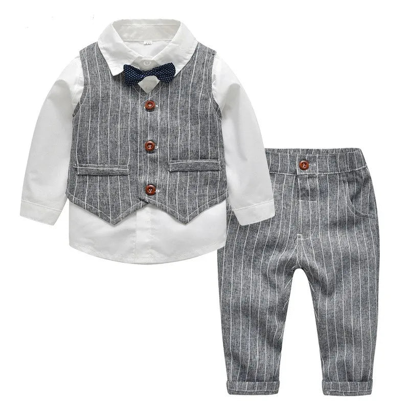 Top and Top Spring&Autumn Baby Boy Gentleman Suit White Shirt with Bow Tie+Striped Vest+Trousers 3Pcs Formal Kids Clothes Set - PratSN