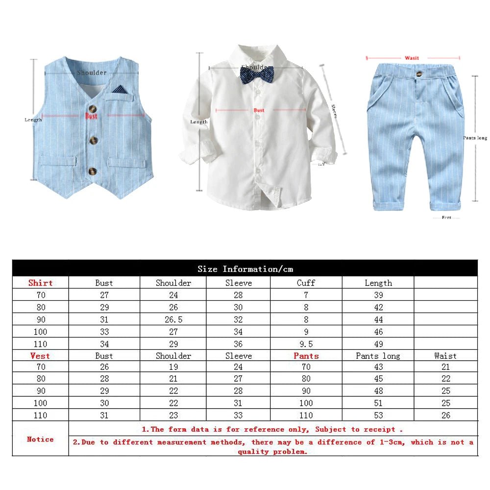 Top and Top Spring&Autumn Baby Boy Gentleman Suit White Shirt with Bow Tie+Striped Vest+Trousers 3Pcs Formal Kids Clothes Set - PratSN