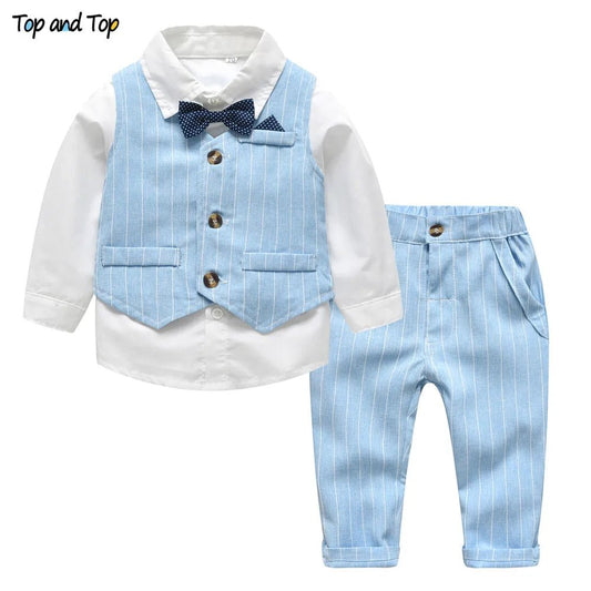Top and Top Spring&Autumn Baby Boy Gentleman Suit White Shirt with Bow Tie+Striped Vest+Trousers 3Pcs Formal Kids Clothes Set - PratSN