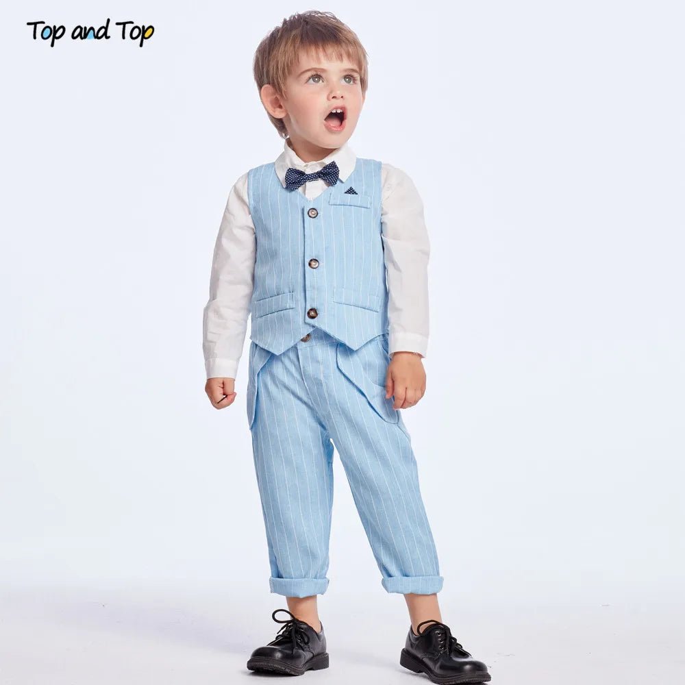 Top and Top Spring&Autumn Baby Boy Gentleman Suit White Shirt with Bow Tie+Striped Vest+Trousers 3Pcs Formal Kids Clothes Set - PratSN