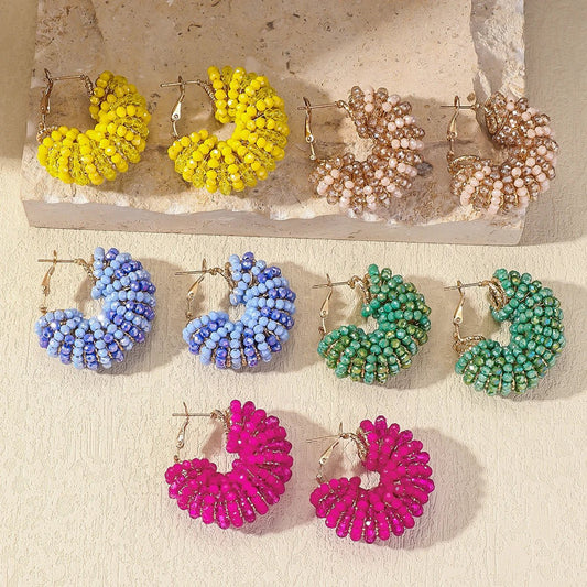 Trendy Chunky Colorful Crystal Beads Hoop Earrings for Women Exquisite Shiny Geometric Drop Earrings Bohemain Summer Jewelry - PratSN