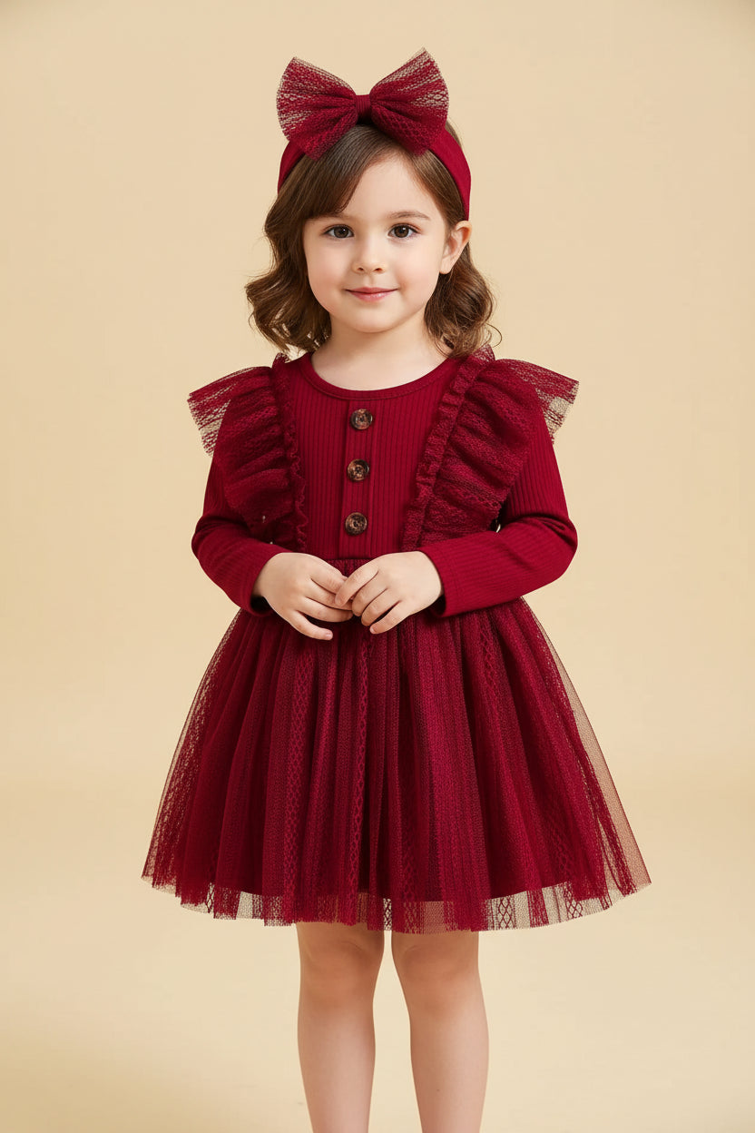 Two - Piece Baby Girl Romantic Small Flying Sleeve Long Sleeve Ruffled Mesh Dress + Bow Headscarf Spring And Autumn - PratSN