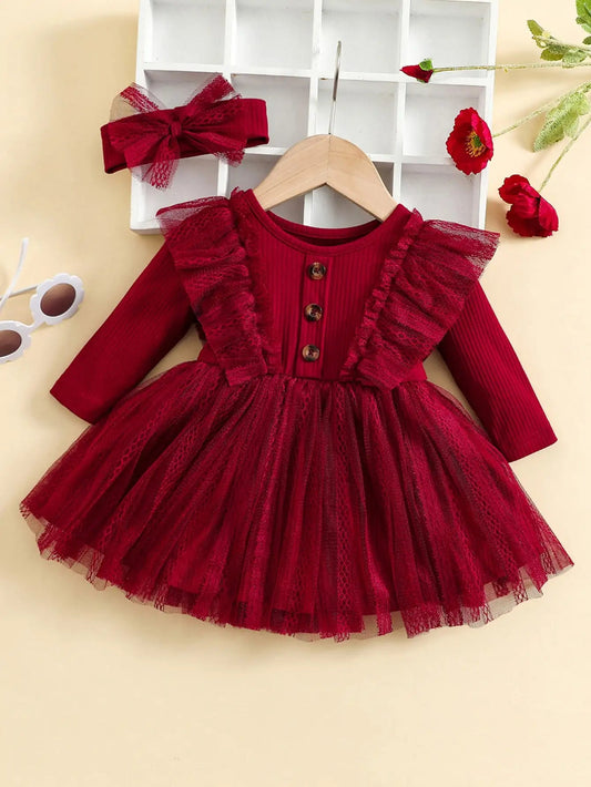 Two - Piece Baby Girl Romantic Small Flying Sleeve Long Sleeve Ruffled Mesh Dress + Bow Headscarf Spring And Autumn - PratSN