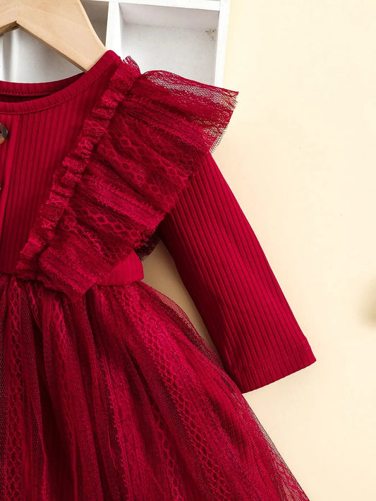 Two - Piece Baby Girl Romantic Small Flying Sleeve Long Sleeve Ruffled Mesh Dress + Bow Headscarf Spring And Autumn - PratSN