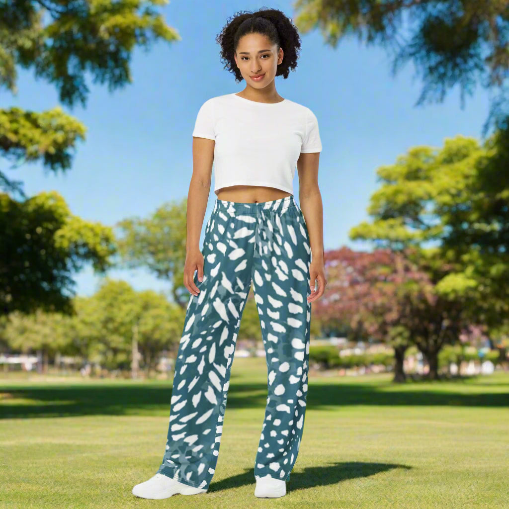 Unisex all - over print unisex wide - leg pants, Leg pant with Banana mania, Aquarium blue and white color wide - leg pant, Comfortable wide - leg pants - PratSN