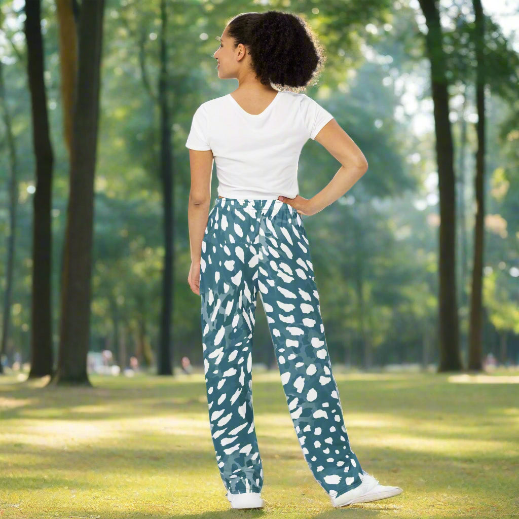 Unisex all - over print unisex wide - leg pants, Leg pant with Banana mania, Aquarium blue and white color wide - leg pant, Comfortable wide - leg pants - PratSN