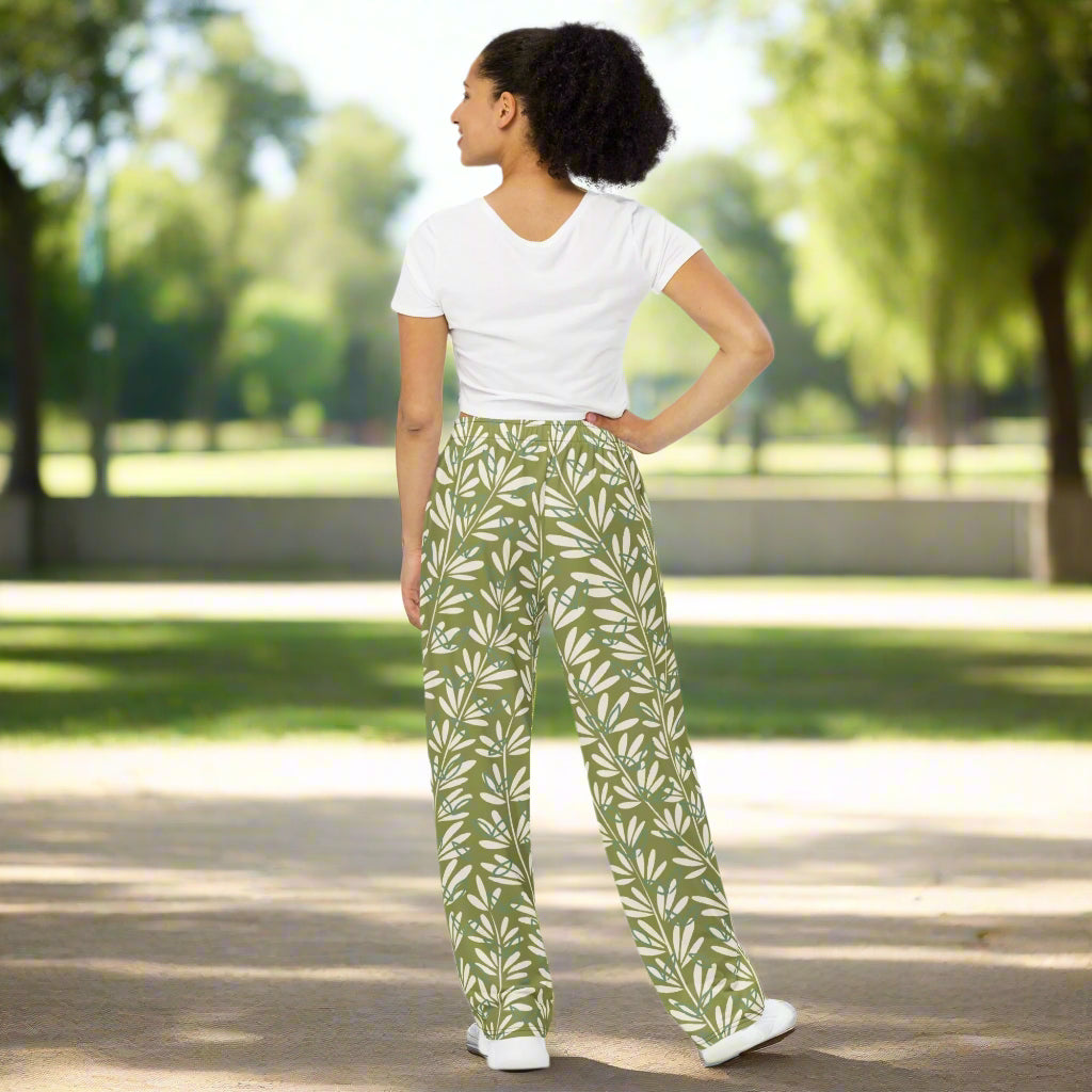 Unisex all - over print unisex wide - leg pants, Leg pant with blooming pattern, Light green and white color wide - leg pant, Comfortable wide - leg pants - PratSN