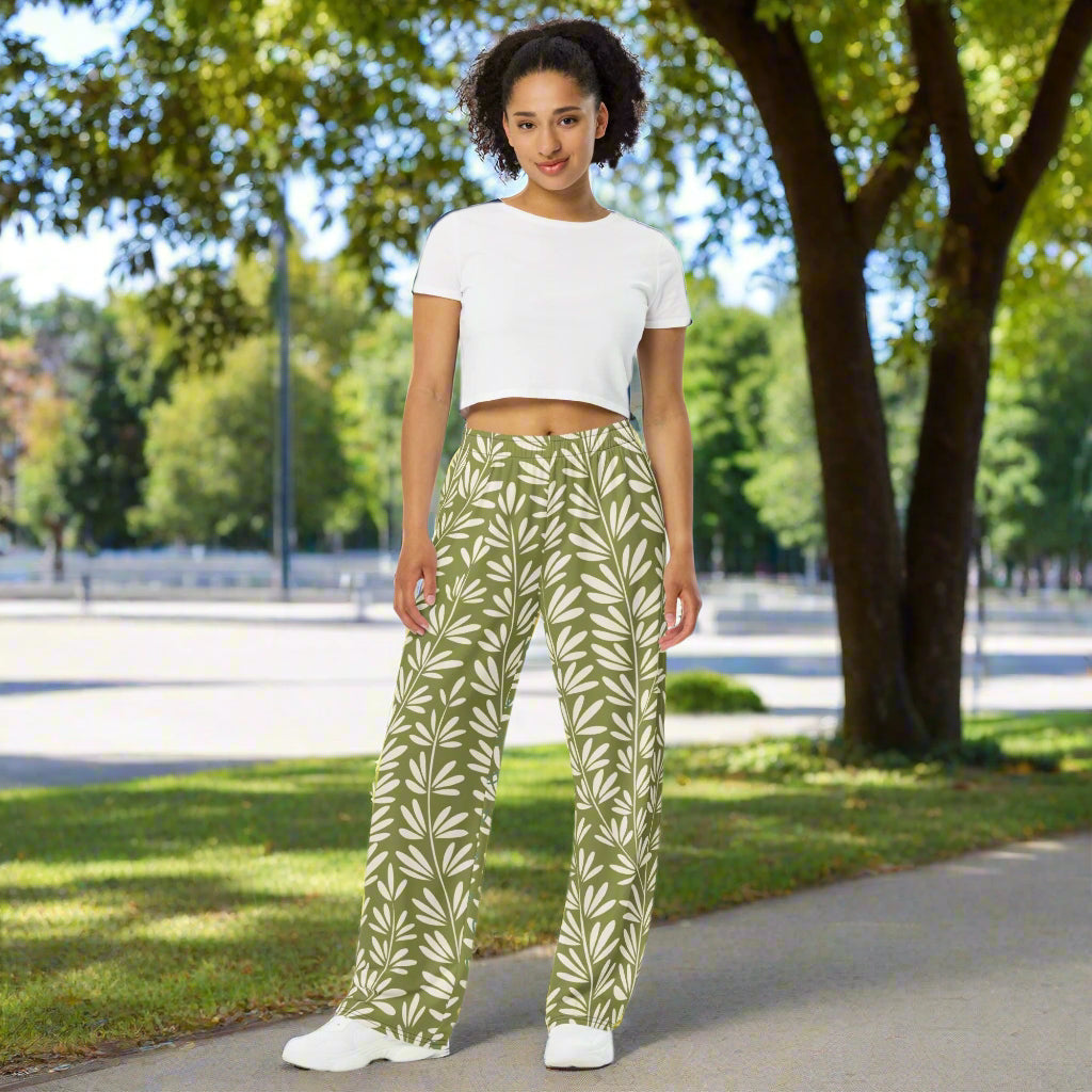 Unisex all - over print unisex wide - leg pants, Leg pant with blooming pattern, Light green and white color wide - leg pant, Comfortable wide - leg pants - PratSN