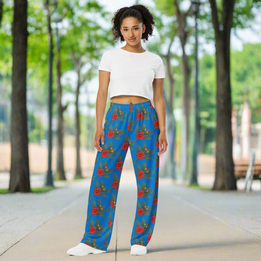 Unisex all - over print unisex wide - leg pants, Leg pant with Floral and blooming pattern, Blue and red color wide - leg pant, Comfortable wide - leg pants - PratSN