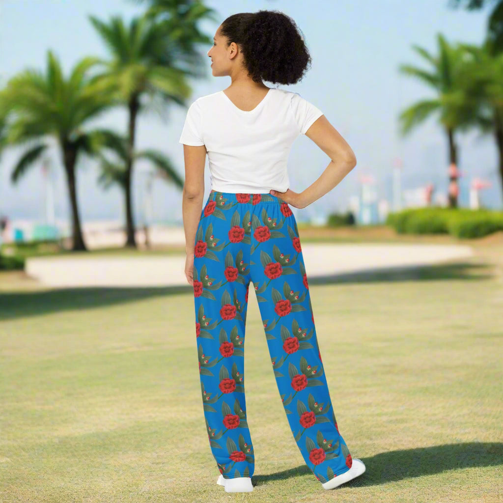 Unisex all - over print unisex wide - leg pants, Leg pant with Floral and blooming pattern, Blue and red color wide - leg pant, Comfortable wide - leg pants - PratSN