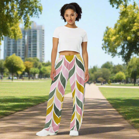 Unisex all - over print unisex wide - leg pants, Leg pant with geometric pattern, Pink - green - yellow color wide - leg pant, Comfortable wide - leg pants - PratSN