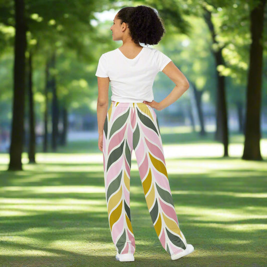 Unisex all - over print unisex wide - leg pants, Leg pant with geometric pattern, Pink - green - yellow color wide - leg pant, Comfortable wide - leg pants - PratSN