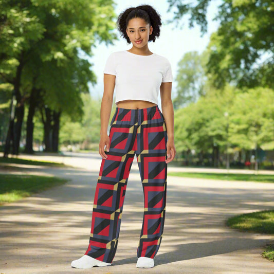 Unisex all - over print unisex wide - leg pants, Leg pant with Geometric pattern, Red and gray color wide - leg pant, Multicolor comfortable wide - leg pants - PratSN