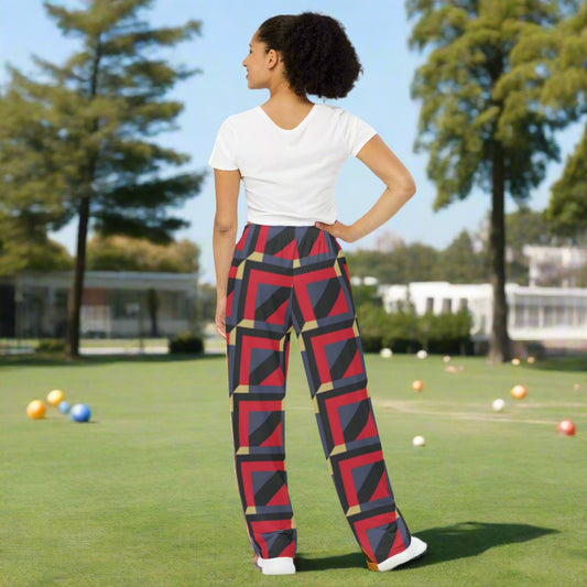Unisex all - over print unisex wide - leg pants, Leg pant with Geometric pattern, Red and gray color wide - leg pant, Multicolor comfortable wide - leg pants - PratSN