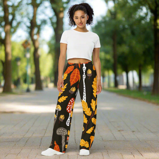 Unisex all - over print unisex wide - leg pants, Leg pant with leaf and mushroom print, Multicolor color wide - leg pant, Comfortable wide - leg pants - PratSN