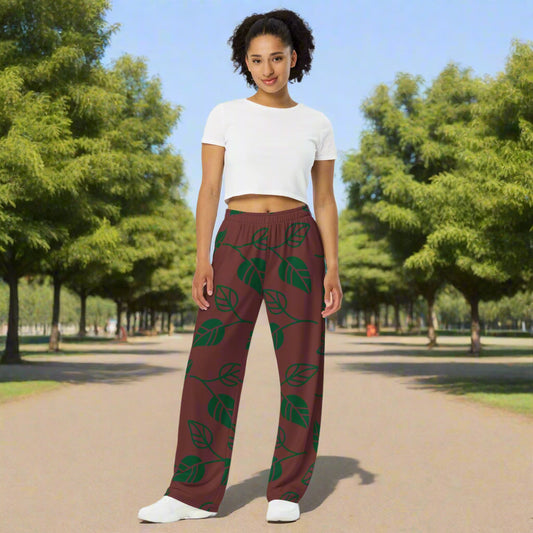Unisex all - over print unisex wide - leg pants, Leg pant with leaf pattern, Auburn color wide - leg pant, Comfortable wide - leg pants - PratSN