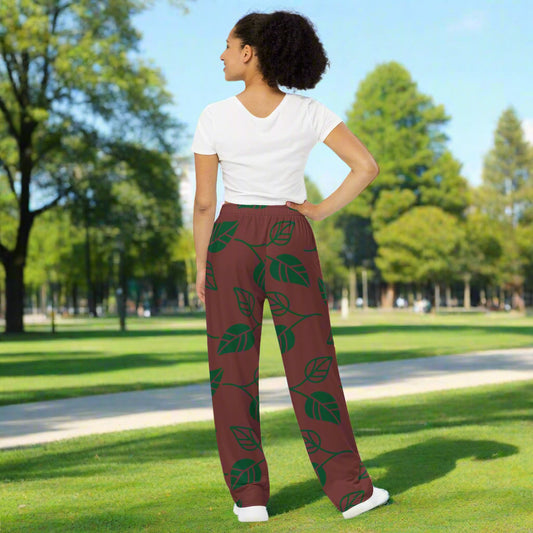 Unisex all - over print unisex wide - leg pants, Leg pant with leaf pattern, Auburn color wide - leg pant, Comfortable wide - leg pants - PratSN