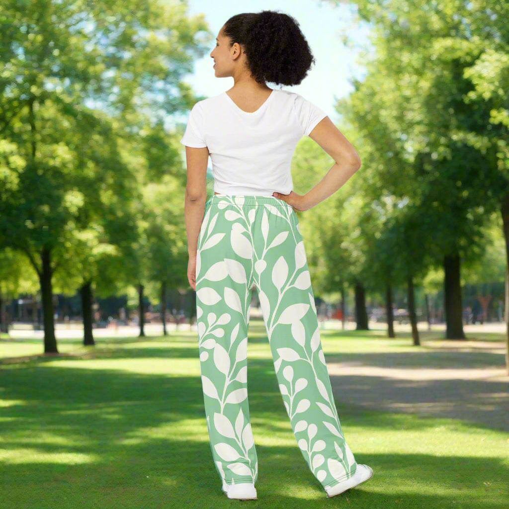 Unisex all - over print unisex wide - leg pants, Leg pant with leaf pattern, Green and white color wide - leg pant, Comfortable wide - leg pants - PratSN