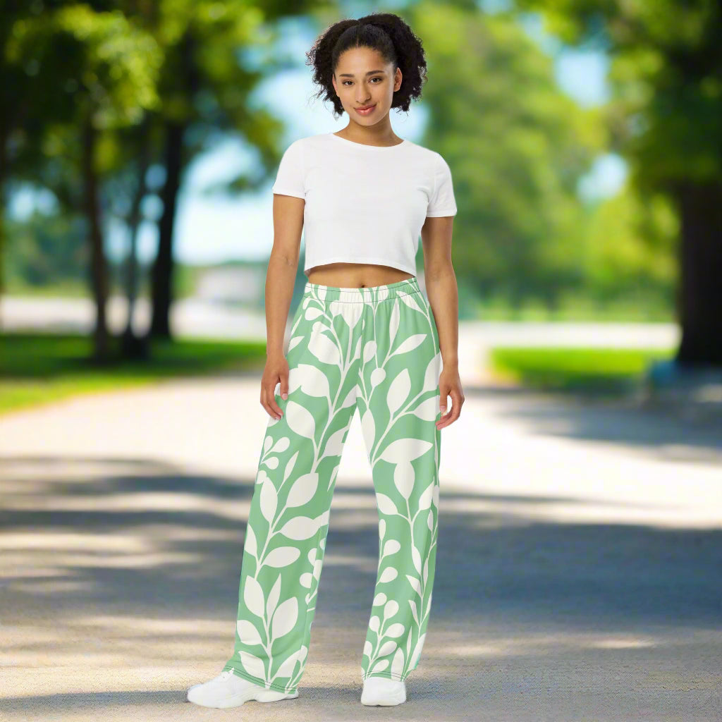 Unisex all - over print unisex wide - leg pants, Leg pant with leaf pattern, Green and white color wide - leg pant, Comfortable wide - leg pants - PratSN
