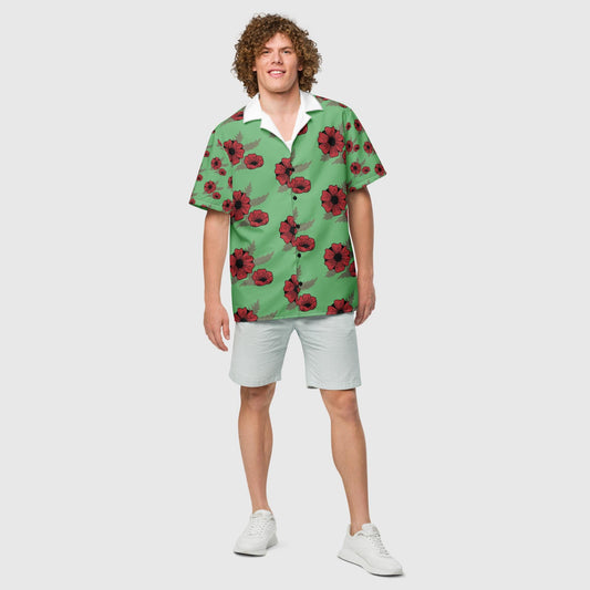 Unisex button shirt, Blooming Pattern, Red Poppies flower Button Shirt, Bay Leaf Color - PratSN