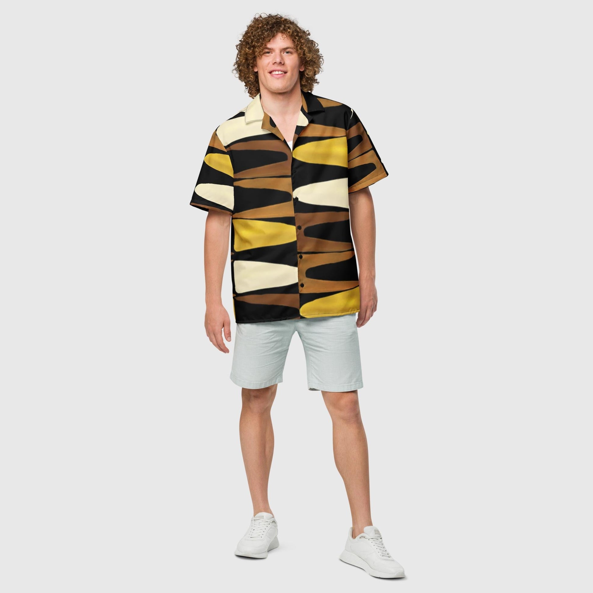 Unisex button shirt, Geometric Pattern, Black Yellow Brown Button Shirt, Summer and Spring Unsex button shirt - PratSN