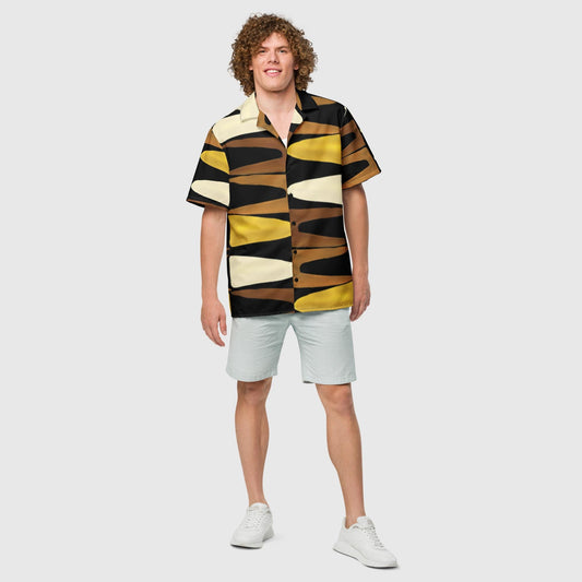 Unisex button shirt, Geometric Pattern, Black Yellow Brown Button Shirt, Summer and Spring Unsex button shirt - PratSN