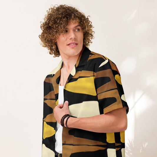 Unisex Button Shirt in Black Yellow Brown - Geometric Pattern - PratSN