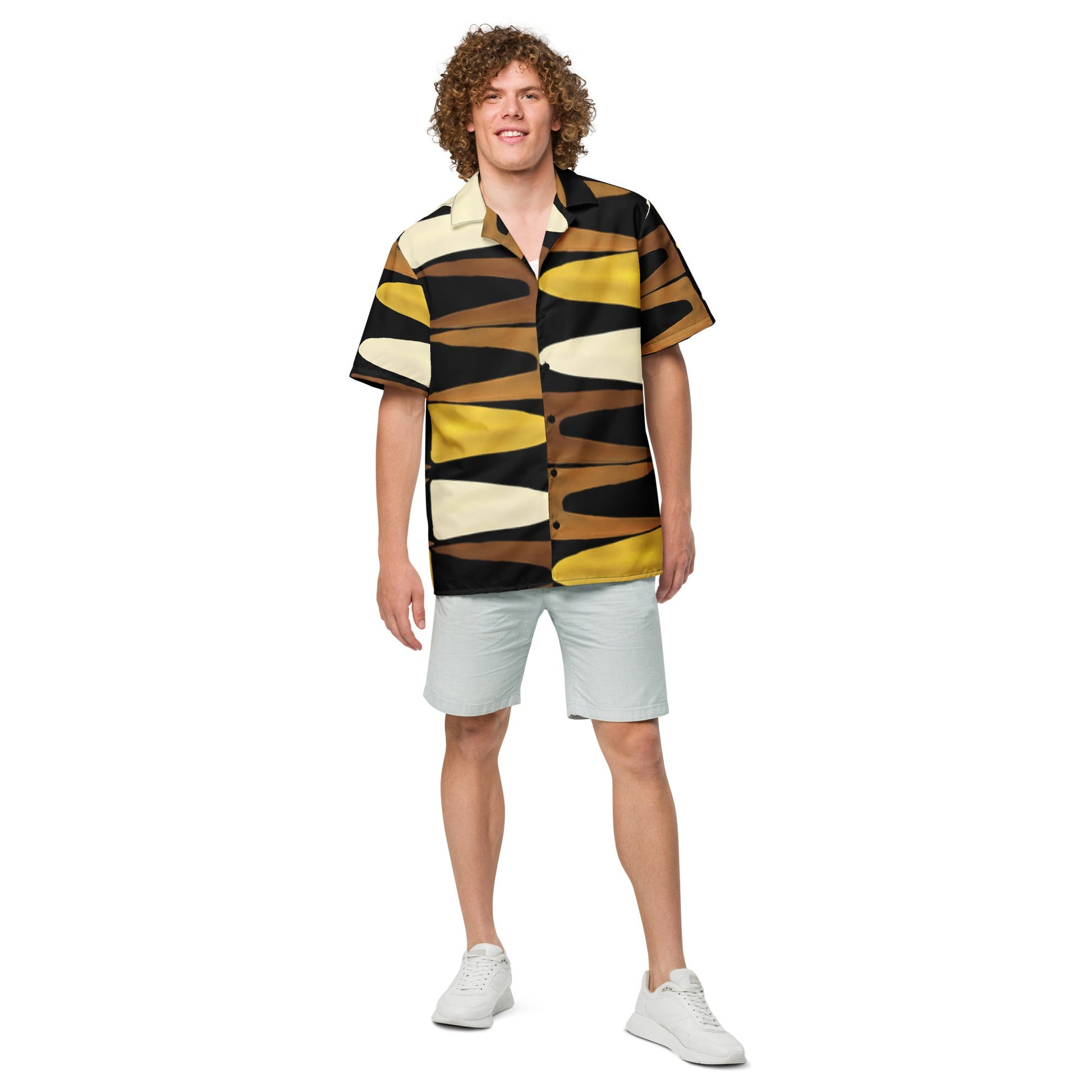 Unisex Button Shirt in Black Yellow Brown - Geometric Pattern - PratSN